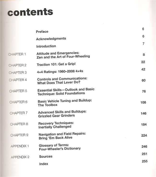 Book contents page listing chapters on wheeling, recovery, tuning, and navigation