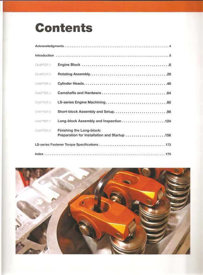 Book contents page with sectional headings and an engine valve-train photo