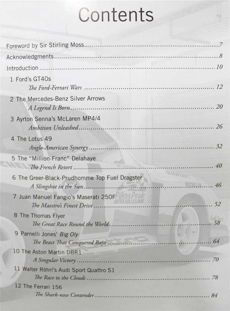 Race cars book contents page with chapter list under the heading Contents