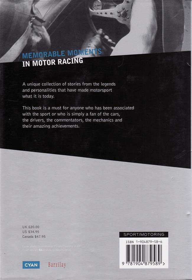 Motor racing stories book with cover, barcode, and publication details
