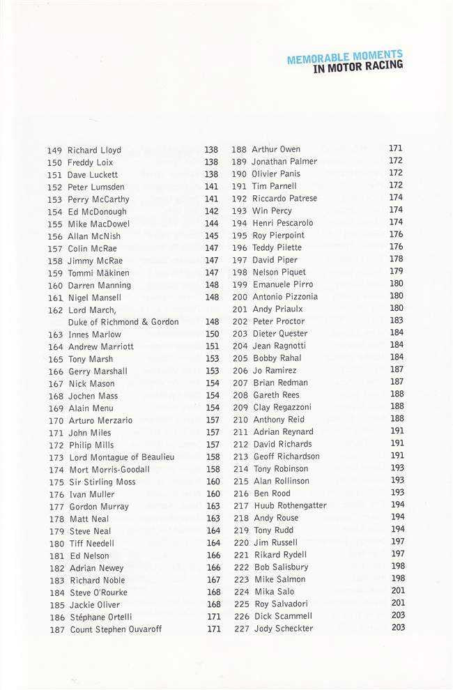Motor racing stories book page with numbered names and short references