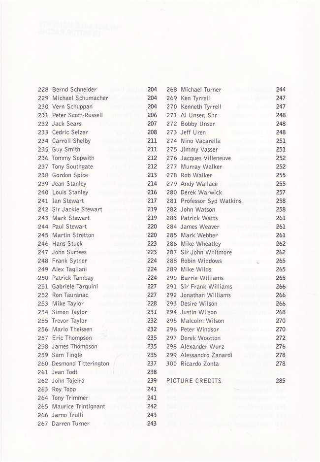 Motor racing stories book page with numbered names and picture credits section