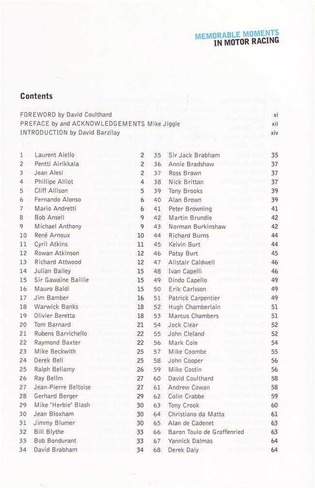 Motor racing stories book contents page with numbered author and chapter list
