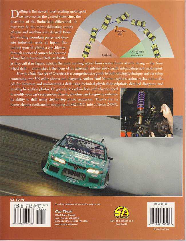 Drift racing instruction book back cover with green race car and circuit diagram