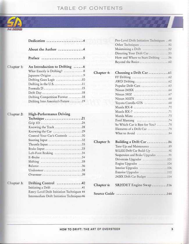 Drift racing instruction book table of contents page with chapter list and headings