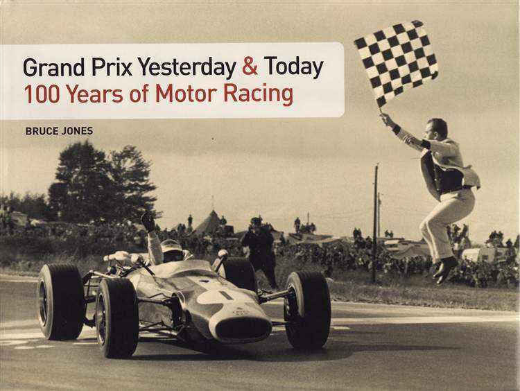 Motor racing history book cover with vintage race car and checkered flag