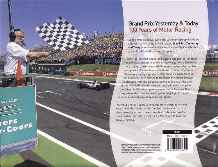 Motor racing history book, back cover with race flag photo and barcode