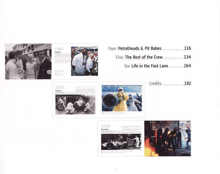Motor racing history book contents page with photo panels and chapter list