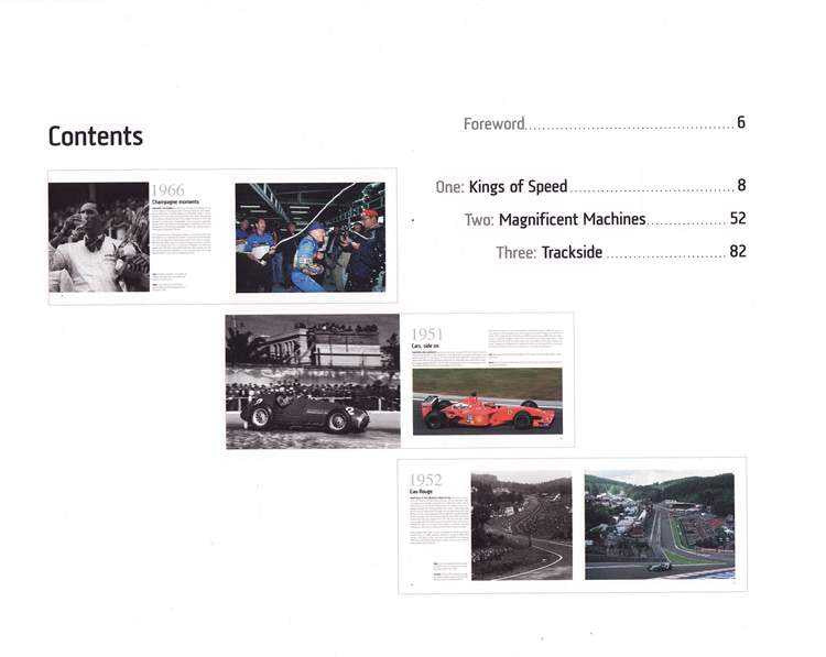Motor racing history book contents page with section thumbnails and headings
