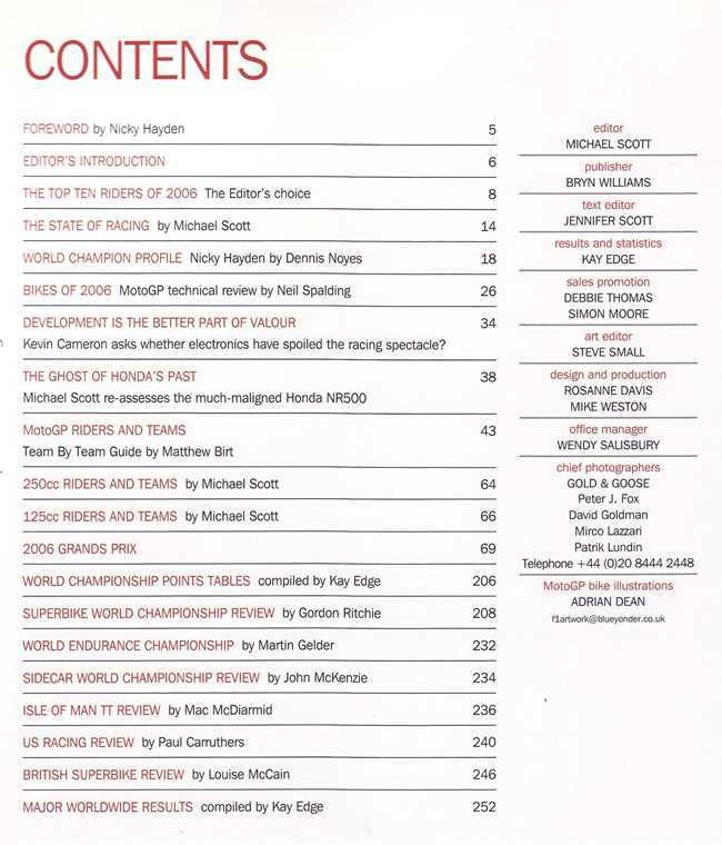 Motocourse annual contents page with headings and section list on paper