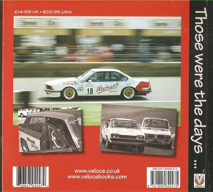 Motorsport book back cover with racing car collage and barcode