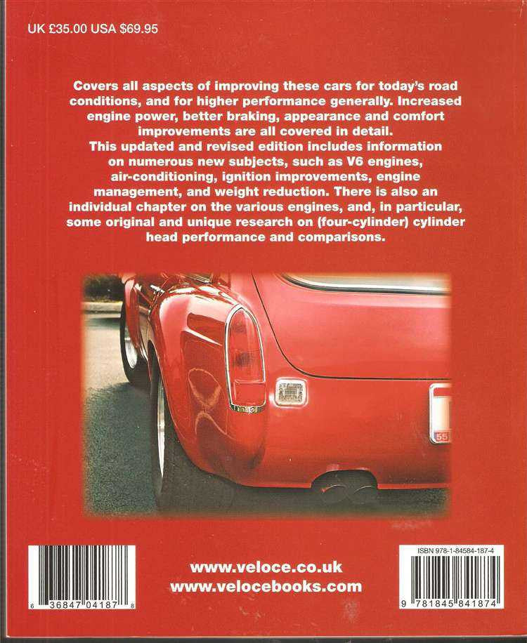 Automotive performance repair book, red back cover with classic car photo and barcodes
