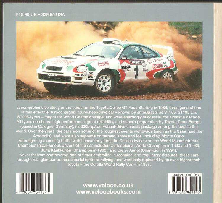 Toyota Celica GT-Four book back cover with white rally car and red green decals