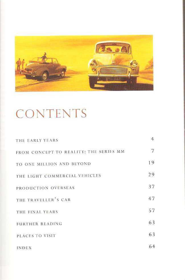 Morris Minor book contents page with list of chapter headings