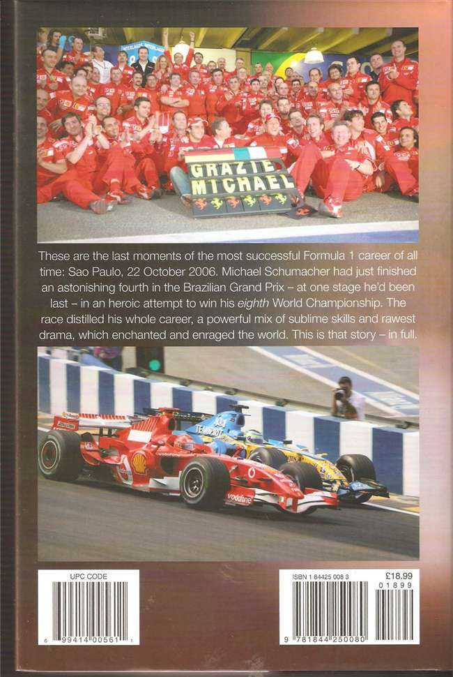 Michael Schumacher book back cover with group photo, race cars, and barcodes