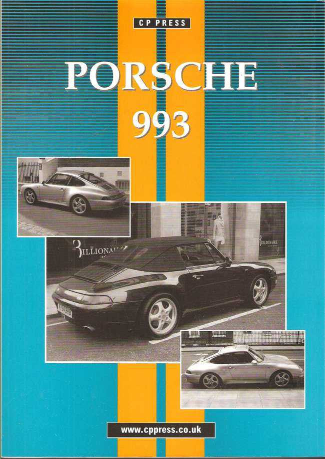 Porsche 993 book cover with teal stripes and black sports car collage, text and logo