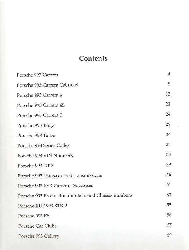 Porsche 993 book contents page with section list under "Contents"