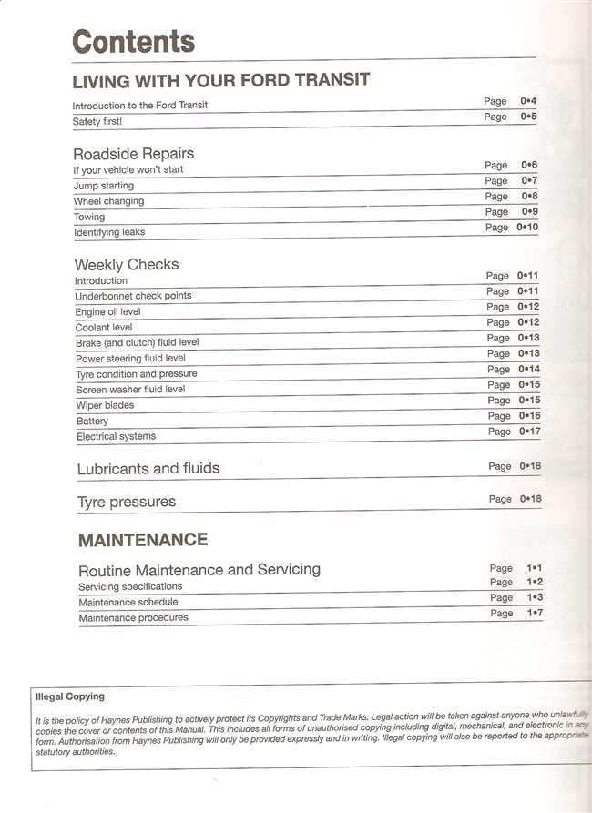 Workshop manual contents page listing sections and page numbers