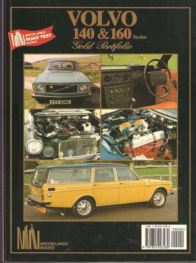 Volvo 140 & 160 Gold Portfolio book cover with yellow car, dashboard, and engine images