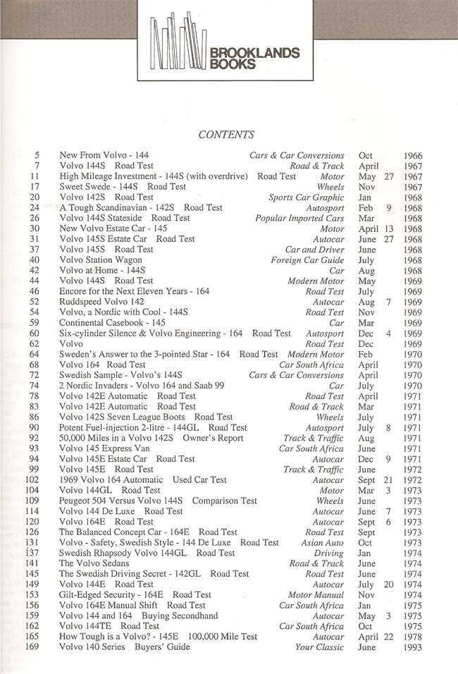 Book contents page listing tests and specs for Volvo 140 & 160 series