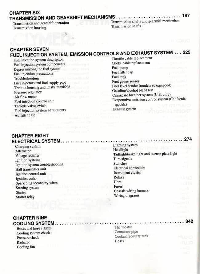Workshop manual chapter page for transmission, fuel injection, and electrical systems