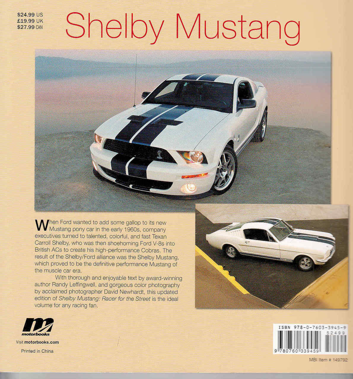 Softcover auto book cover with Shelby Mustang title and white front-view car