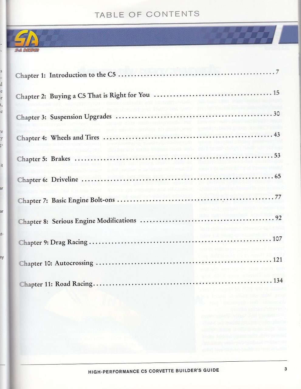 C5 Corvette Builder's Guide table of contents page with chapter headings
