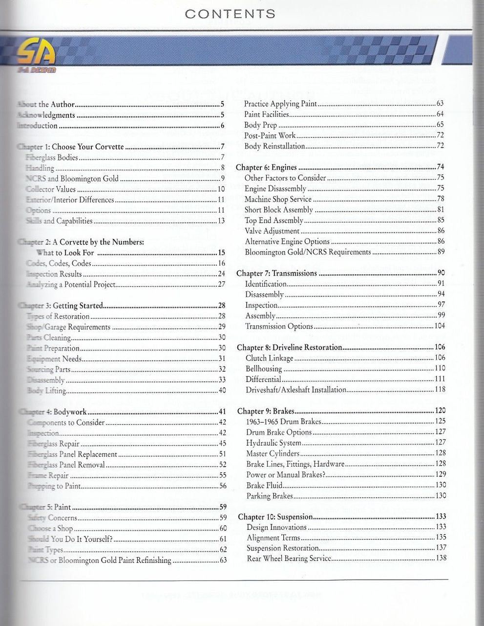 Corvette restoration how-to book, table of contents page with section list and numbers