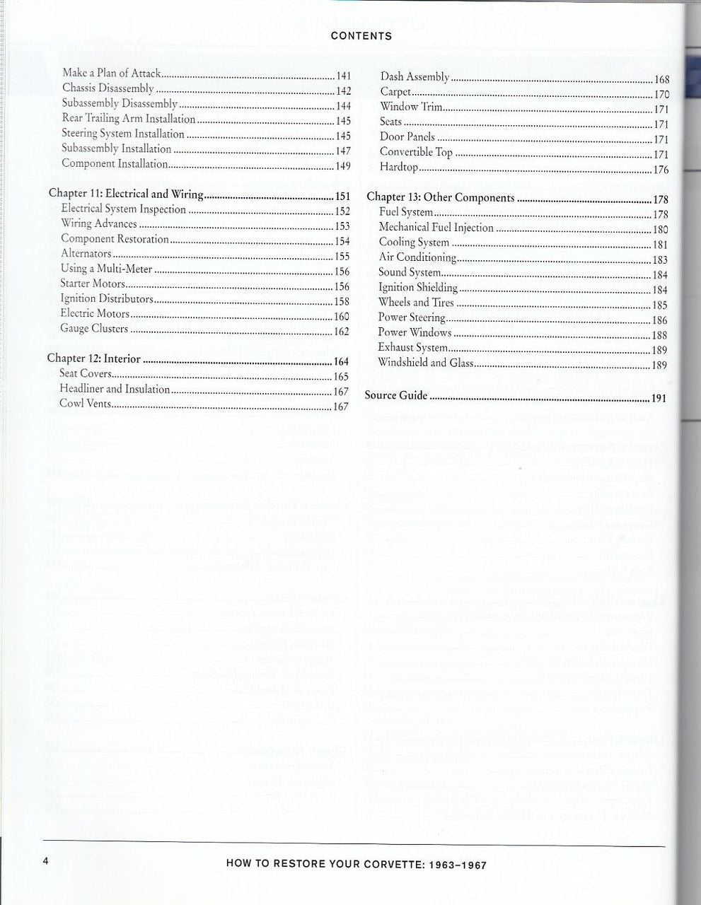 Corvette restoration how-to book, contents page with chapter headings and page numbers