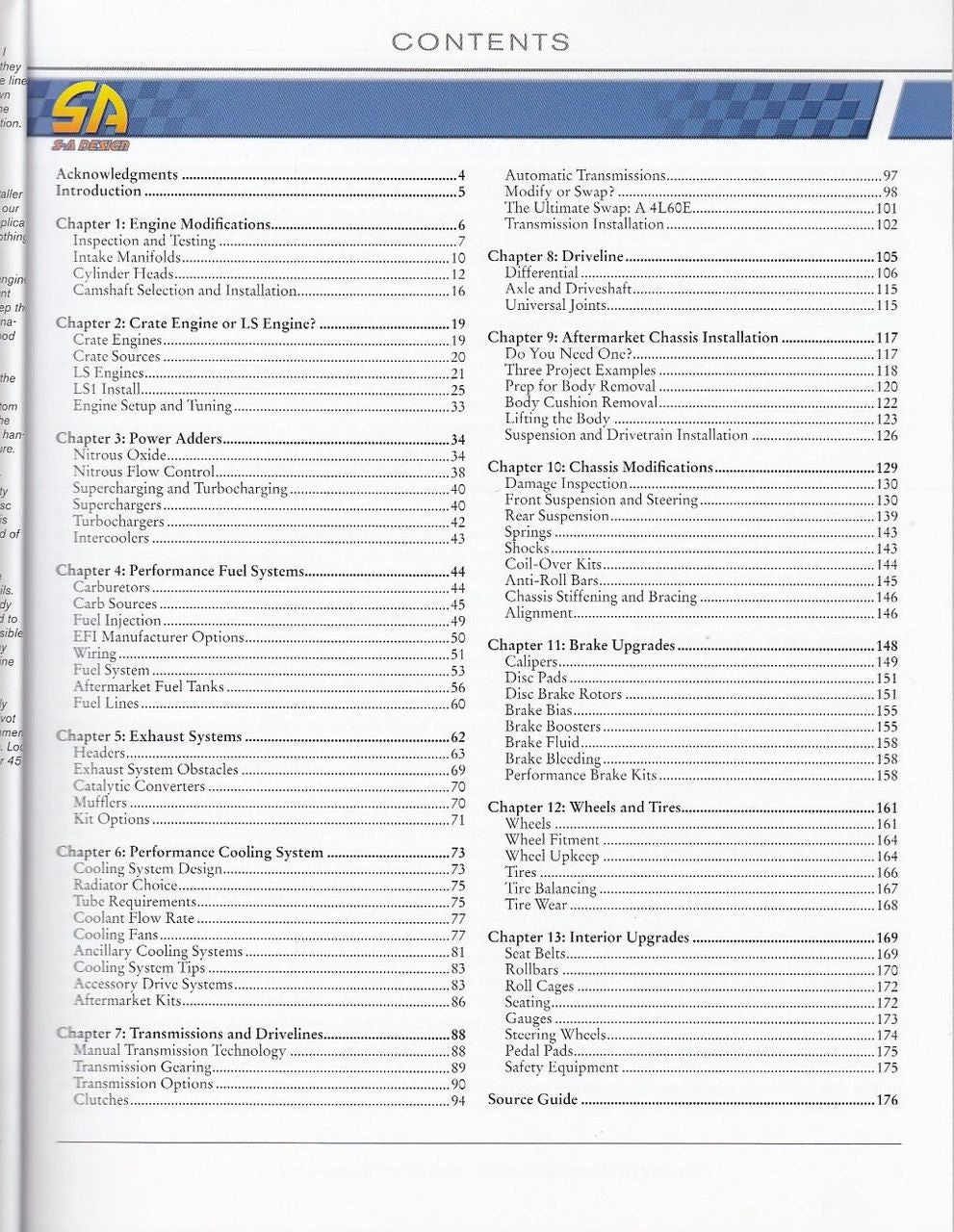 Automotive repair handbook contents page with chapter list and section numbers