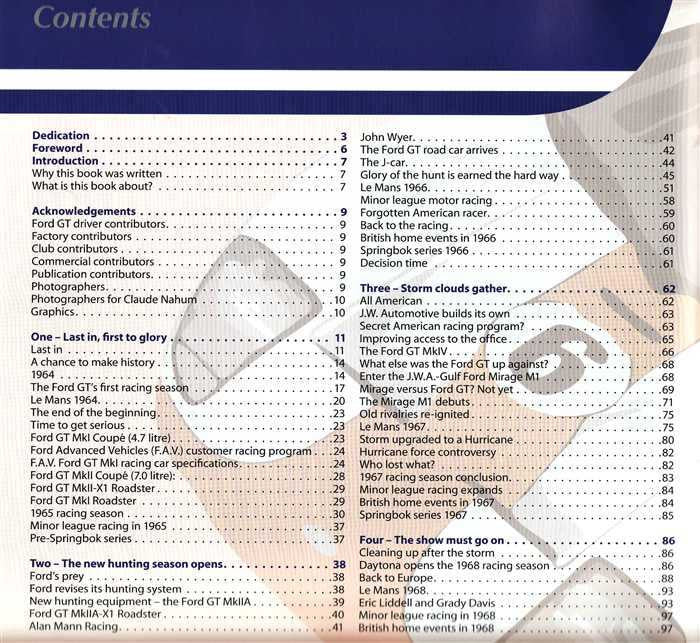 Automotive book contents page with section headings and numbered topics