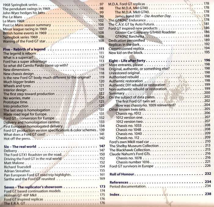 Automotive book index pages with numbered entries and reference section