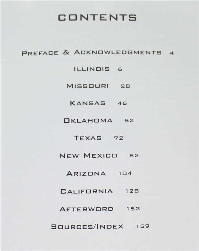 Book contents page with section headings and page numbers