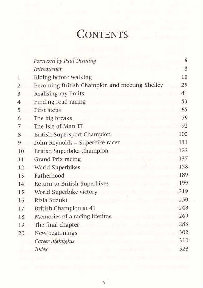 Autobiography book contents page titled CONTENTS with numbered chapter list