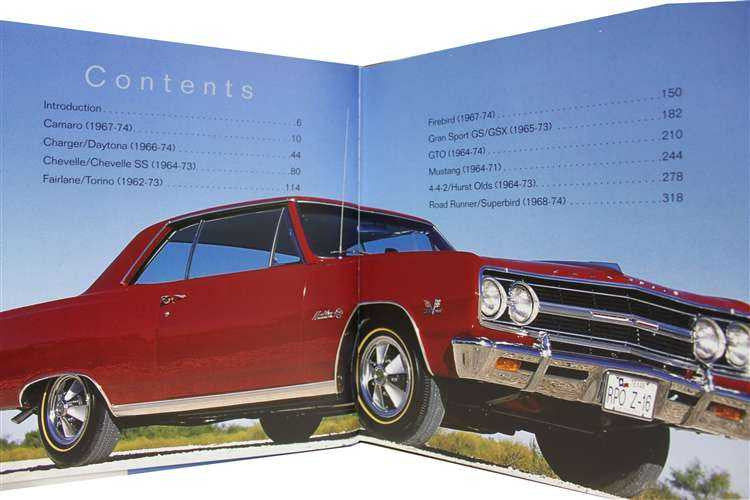 Red classic muscle car photo on book page with Contents headings