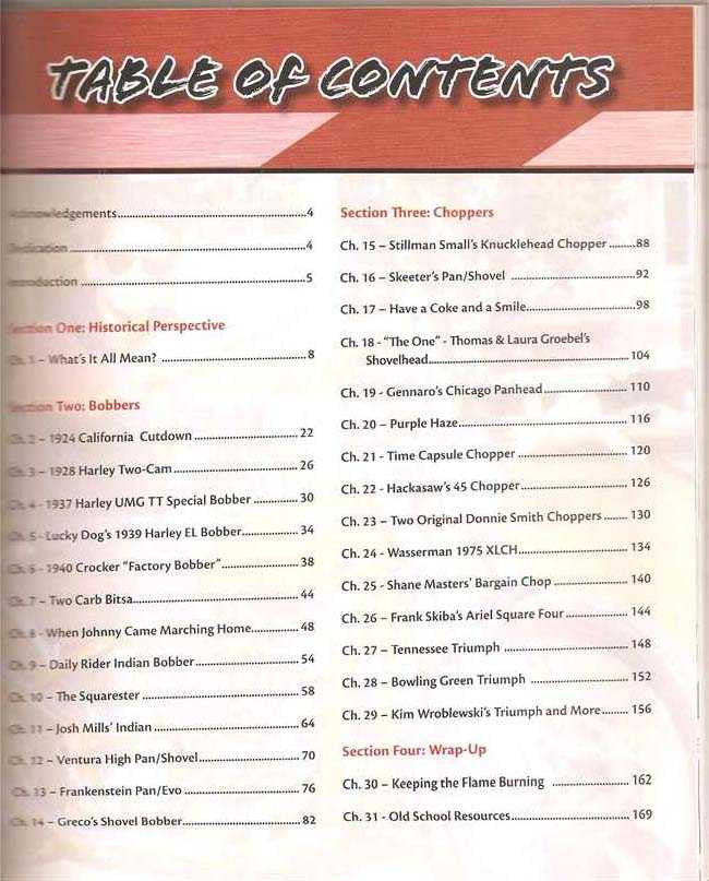 Motorcycle book table of contents page with section listings and dotted lines