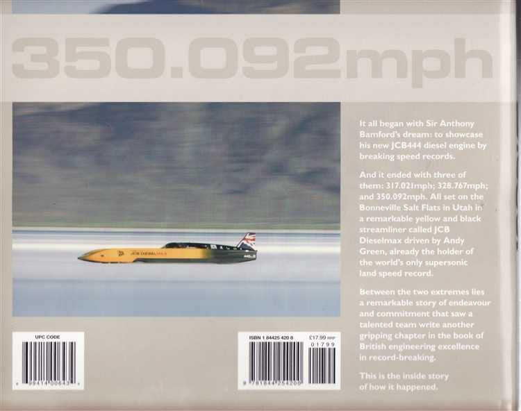 Hardcover book with back cover photo of yellow-and-black land speed vehicle and barcode