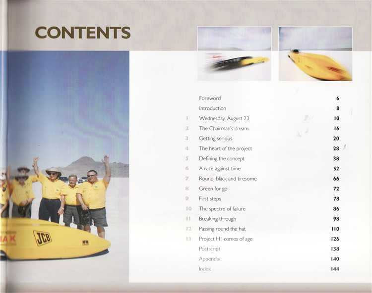 Book open to contents page with photo of yellow land speed vehicle and chapter list