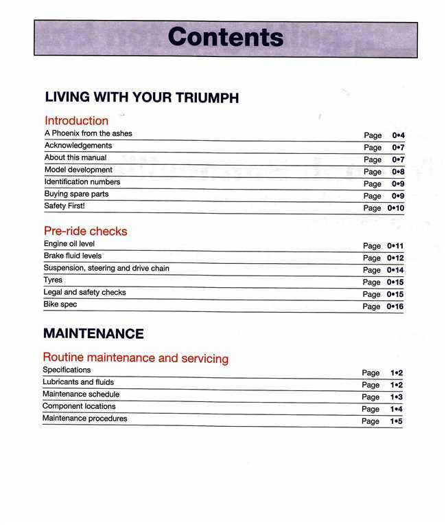Workshop manual table of contents page for Triumph models