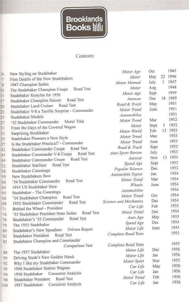 Book contents page listing Studebaker road tests, years, and locations
