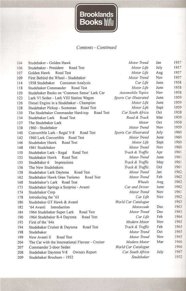 Contents-continued page with Studebaker road test listings and dates