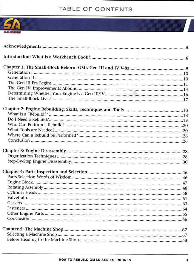 LS-Series engines rebuild book table of contents page with chapter list