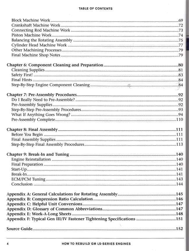 LS-Series engines rebuild book table of contents page with chapters 6–9 list