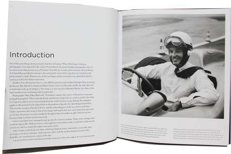Open portrait book with printed introduction text and black-and-white seated man photograph
