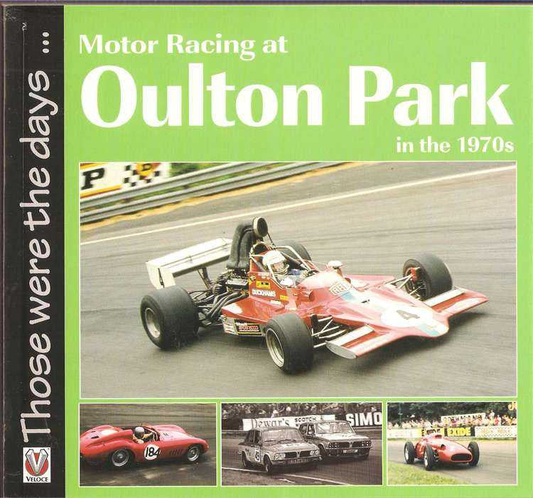 Motorsport history book front cover with Oulton Park title and race car photo