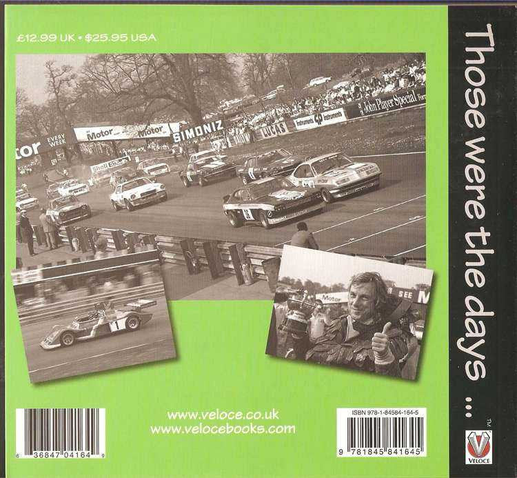 Motorsport history book back cover with racing photo collage and barcode