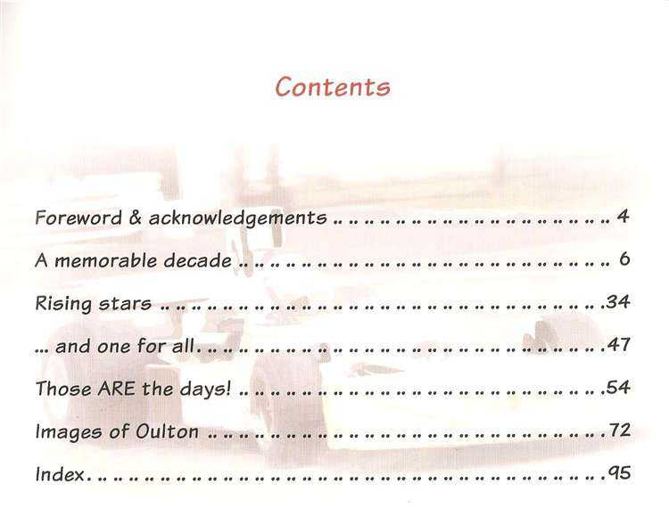 Motorsport history book contents page with section headings