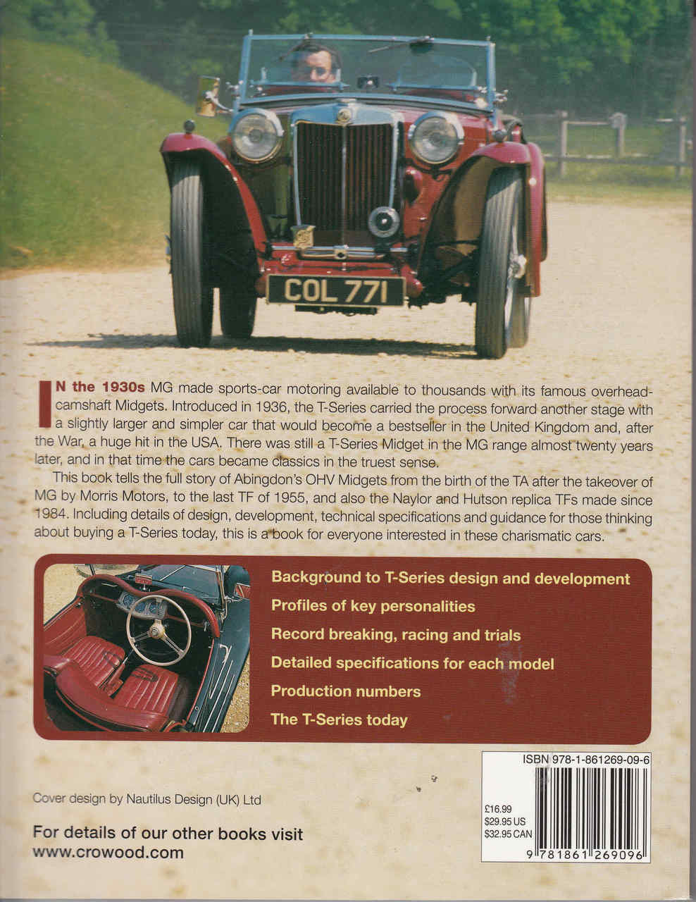 MG T-Series story book back cover with classic car photo and summary text