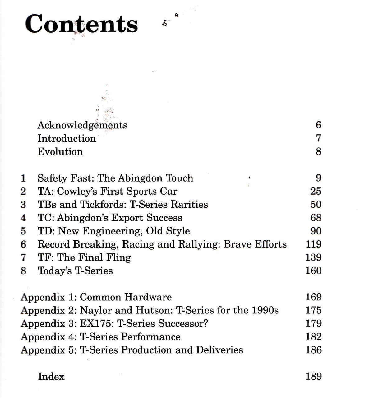 MG T-Series story book contents page with headings and page numbers