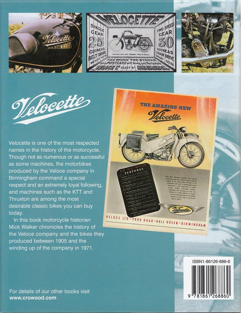 Motorcycles book cover with Velocette logo, vintage ads, and bike photo